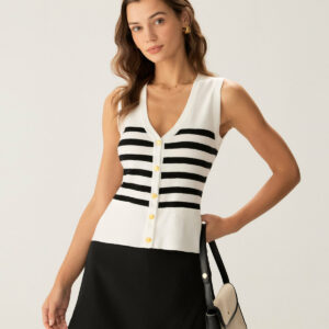 White Striped Button Knit Tank Top