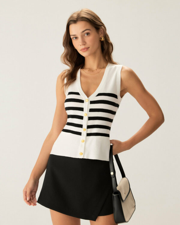 White Striped Button Knit Tank Top