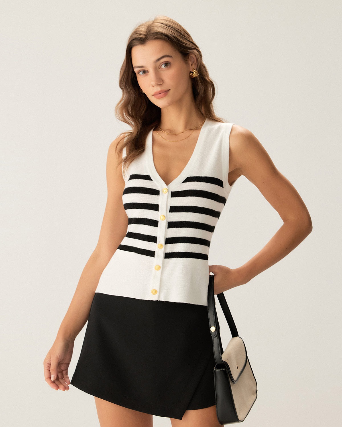 White Striped Button Knit Tank Top
