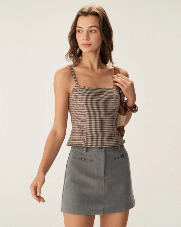 Brown Plaid Shirred Cami Top - Image 2
