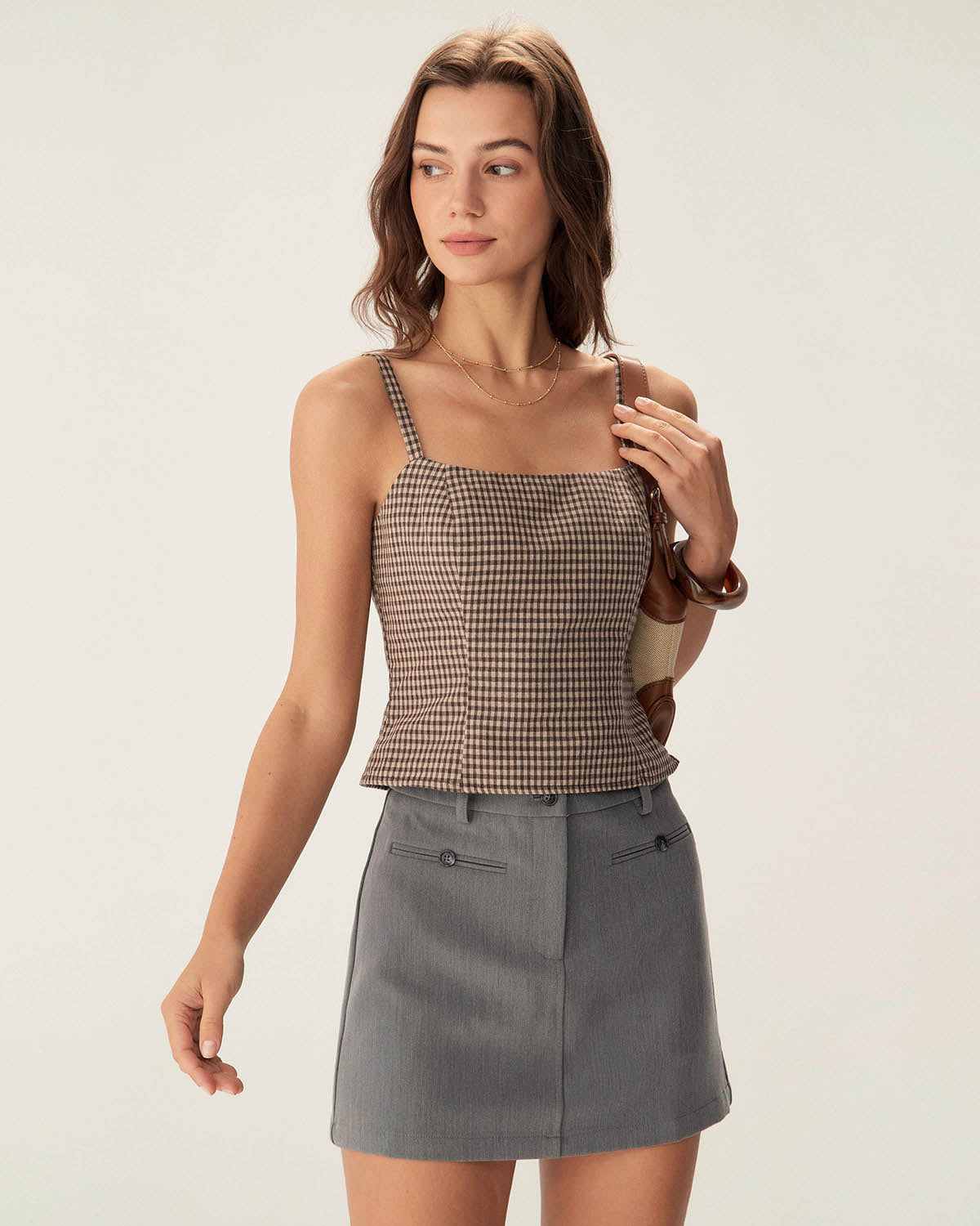 Brown Plaid Shirred Cami Top - Image 2