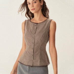 Brown Plaid Single Breasted Vest