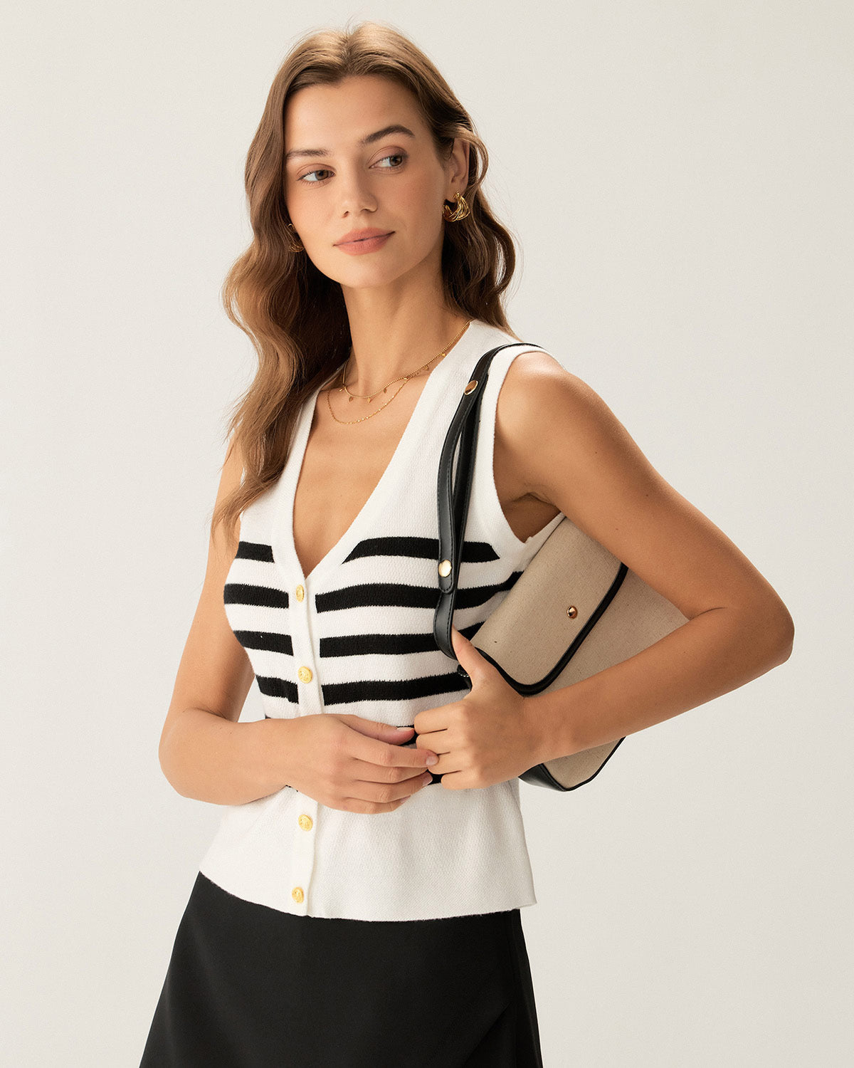 White Striped Button Knit Tank Top - Image 3