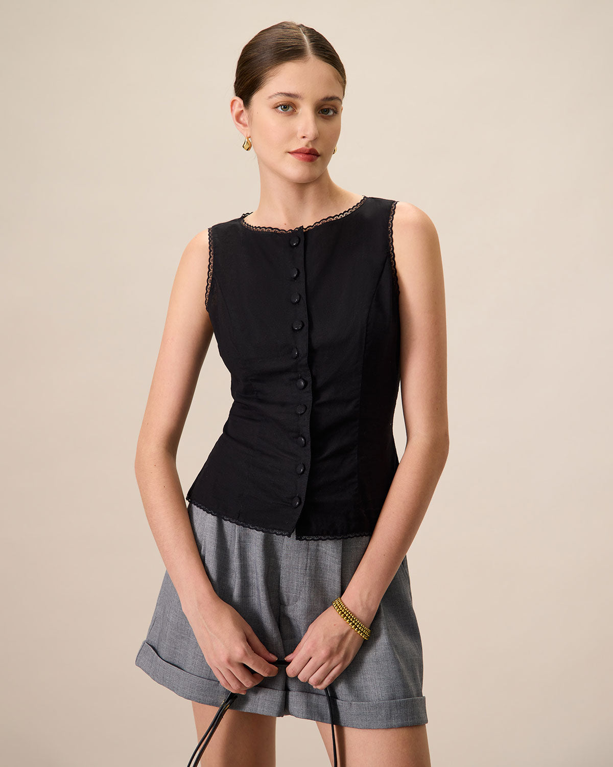 Women's Black Boat Neck Cotton Linen Vest - Image 2
