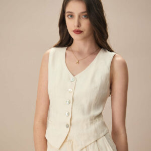 The Apricot V Neck Button-Up Linen Vest