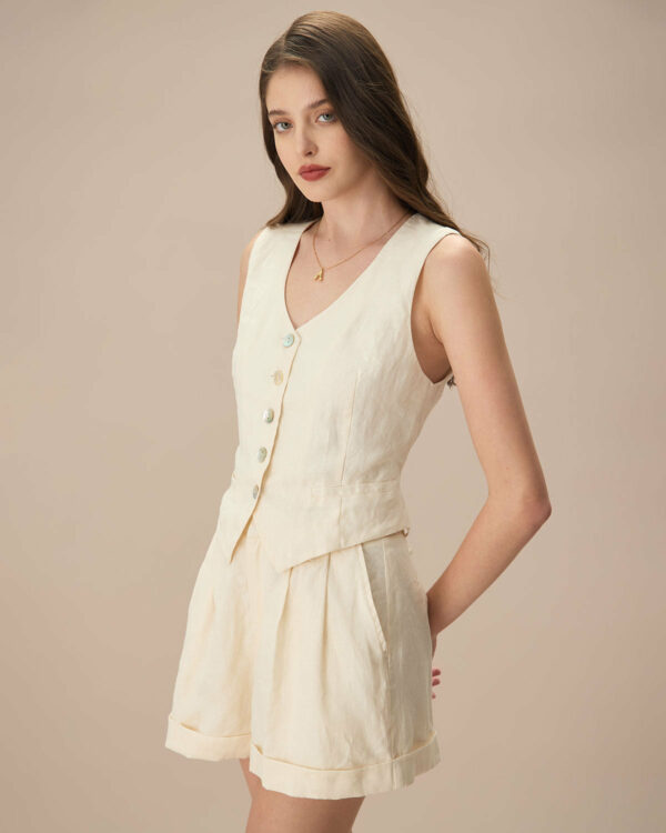 The Apricot V Neck Button-Up Linen Vest - Image 4