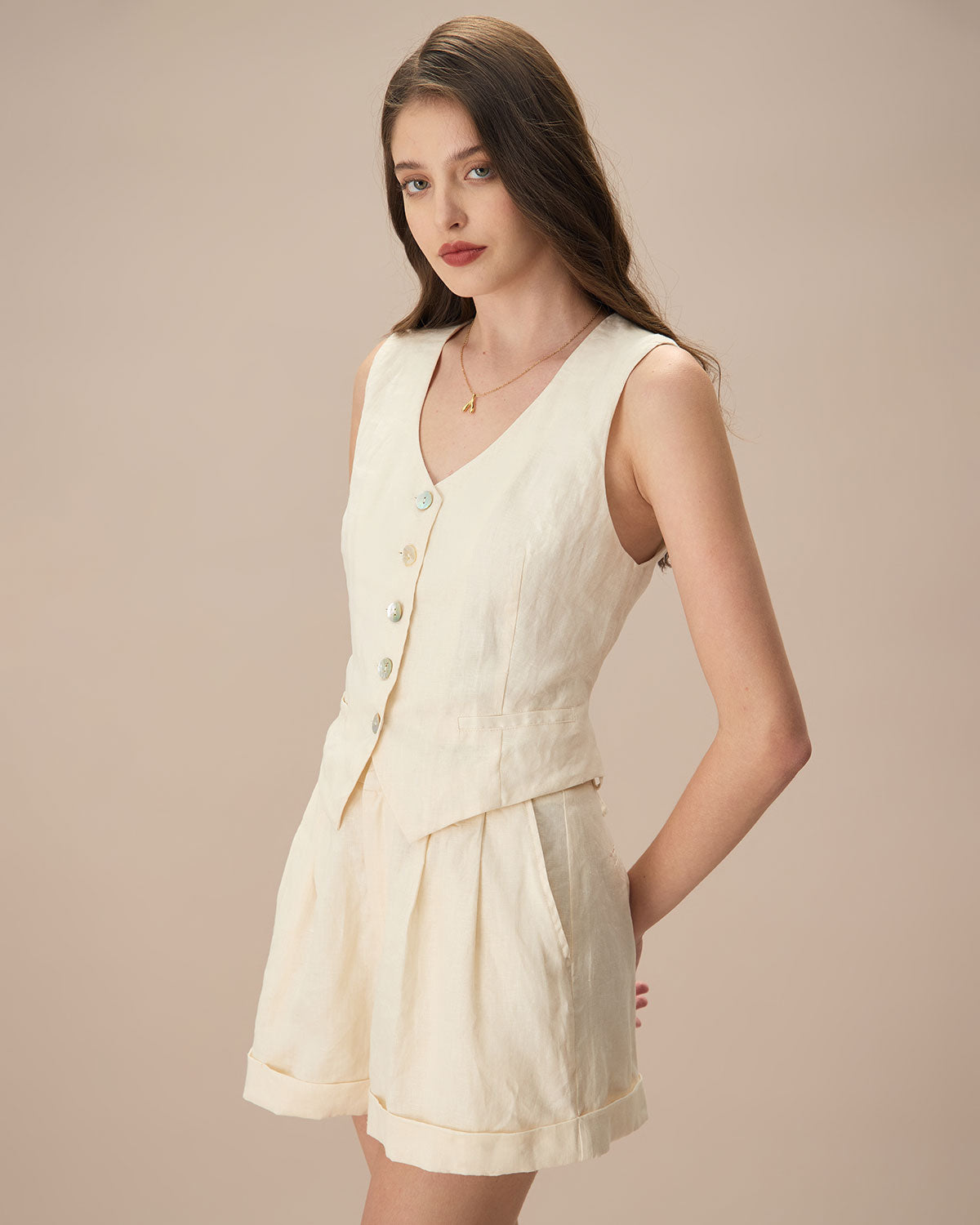 The Apricot V Neck Button-Up Linen Vest - Image 4