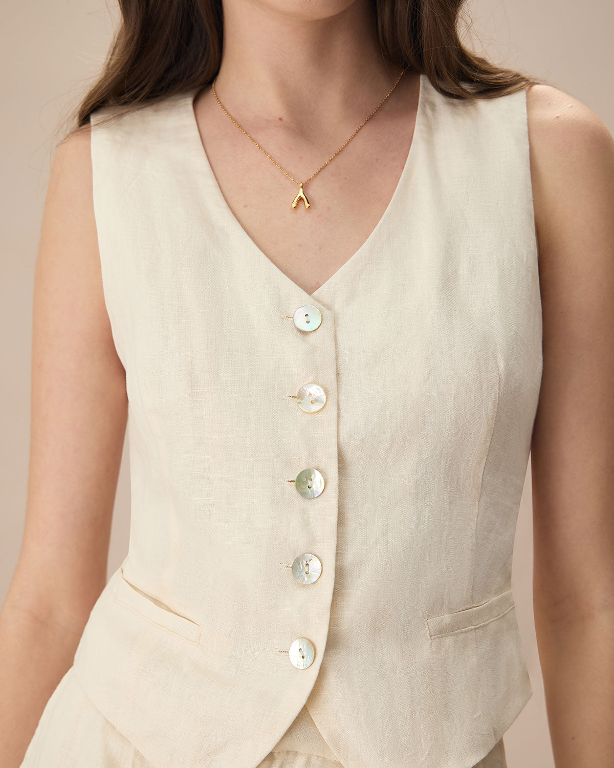 The Apricot V Neck Button-Up Linen Vest - Image 2