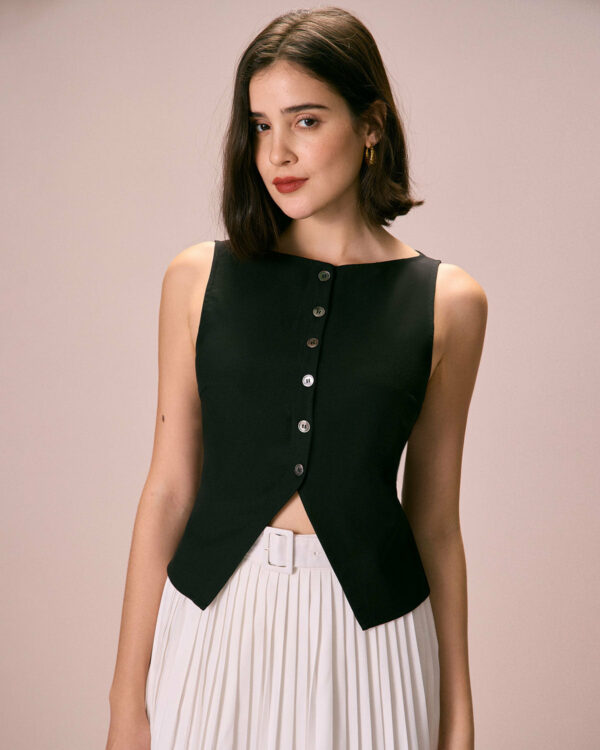 The Black Boat Neck Button Tank Top