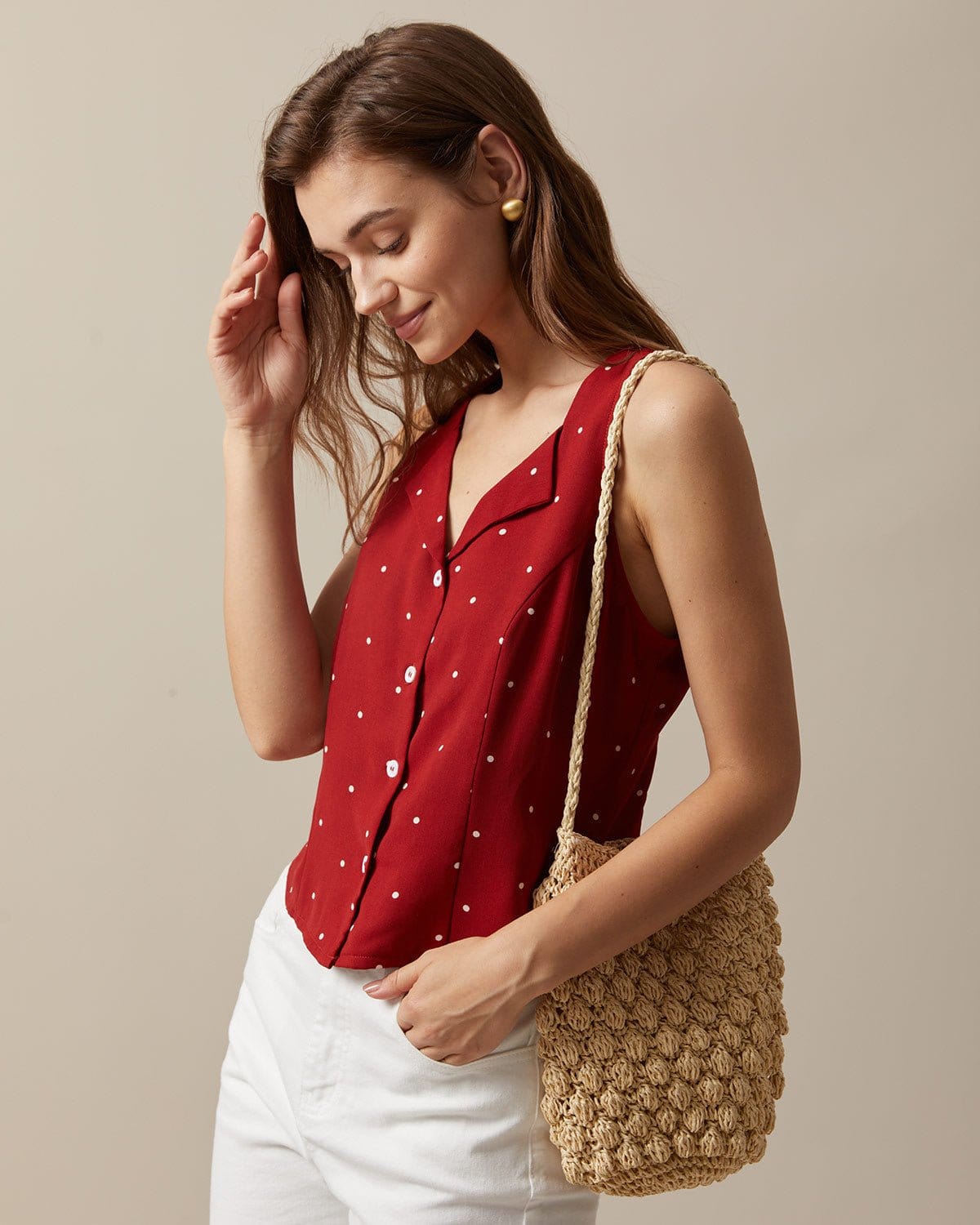 The Red V Neck Polka Dot Print Sleeveless Vest - Image 3