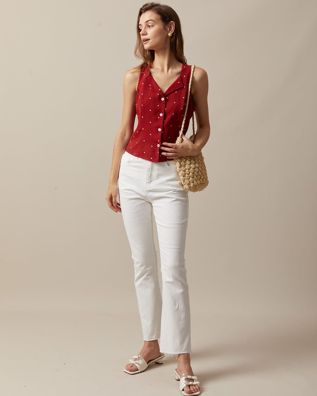 The Red V Neck Polka Dot Print Sleeveless Vest - Image 4