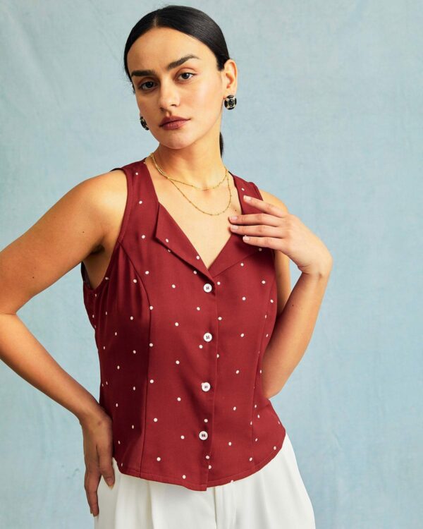 The Red V Neck Polka Dot Print Sleeveless Vest - Image 6