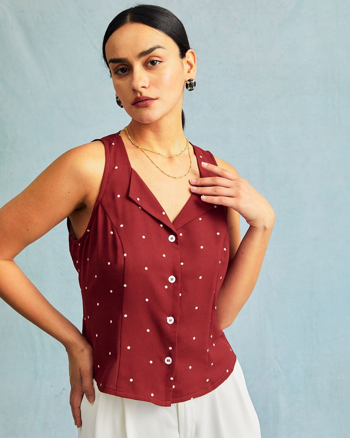 The Red V Neck Polka Dot Print Sleeveless Vest - Image 6