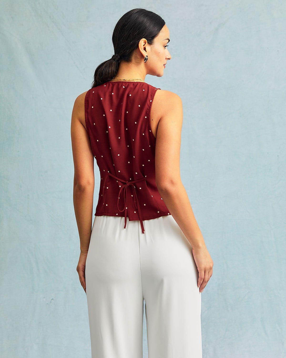 The Red V Neck Polka Dot Print Sleeveless Vest - Image 9