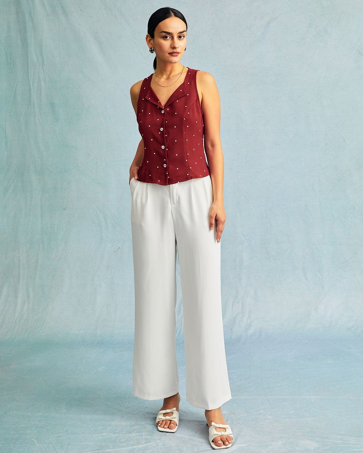 The Red V Neck Polka Dot Print Sleeveless Vest - Image 8