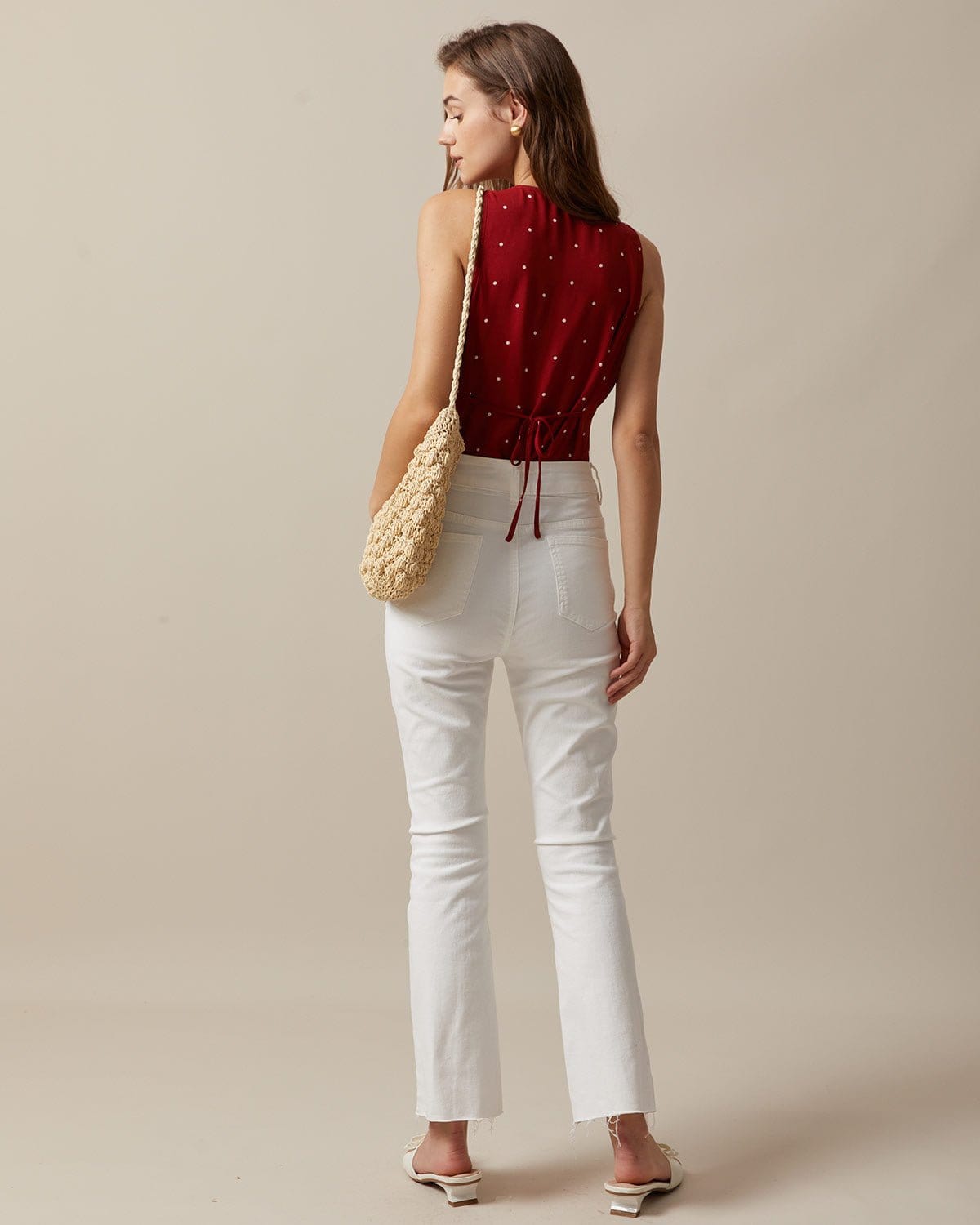 The Red V Neck Polka Dot Print Sleeveless Vest - Image 5