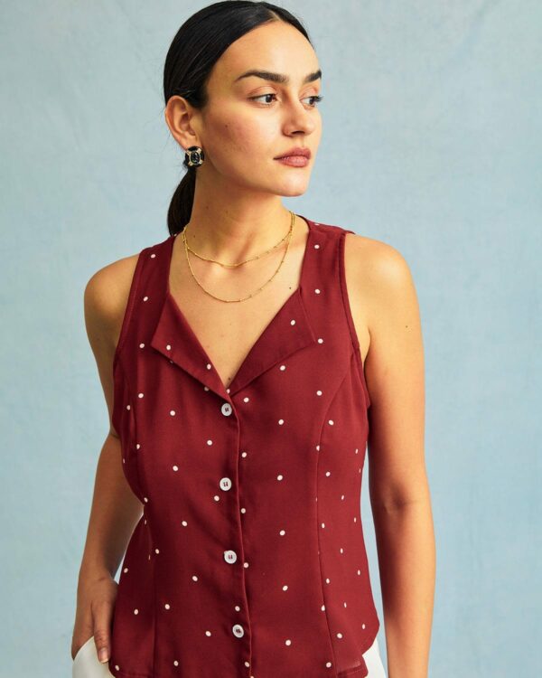 The Red V Neck Polka Dot Print Sleeveless Vest - Image 7