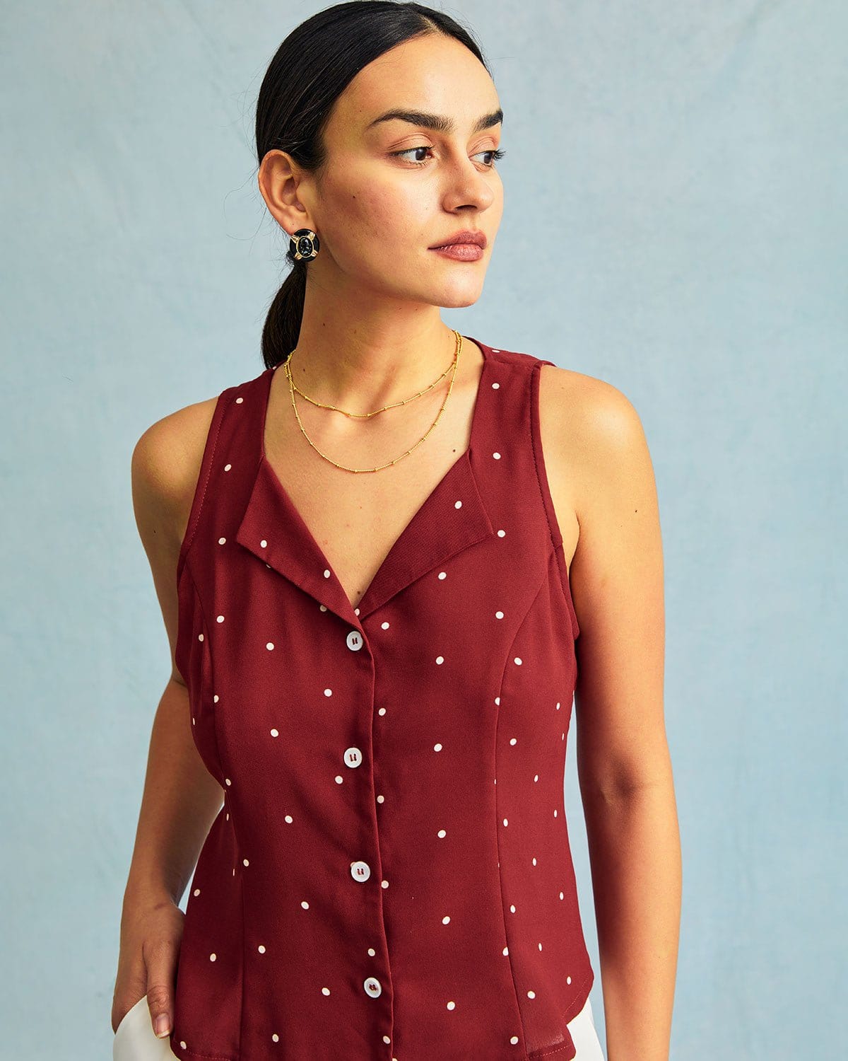 The Red V Neck Polka Dot Print Sleeveless Vest - Image 7