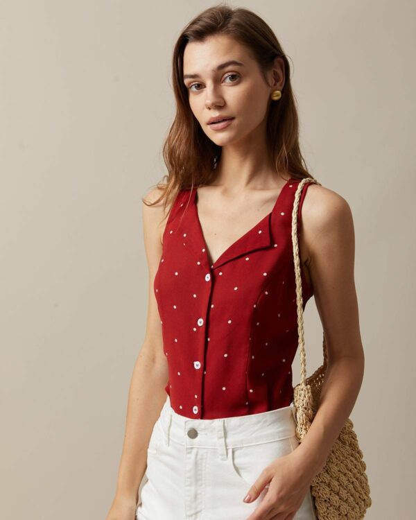 The Red V Neck Polka Dot Print Sleeveless Vest - Image 2