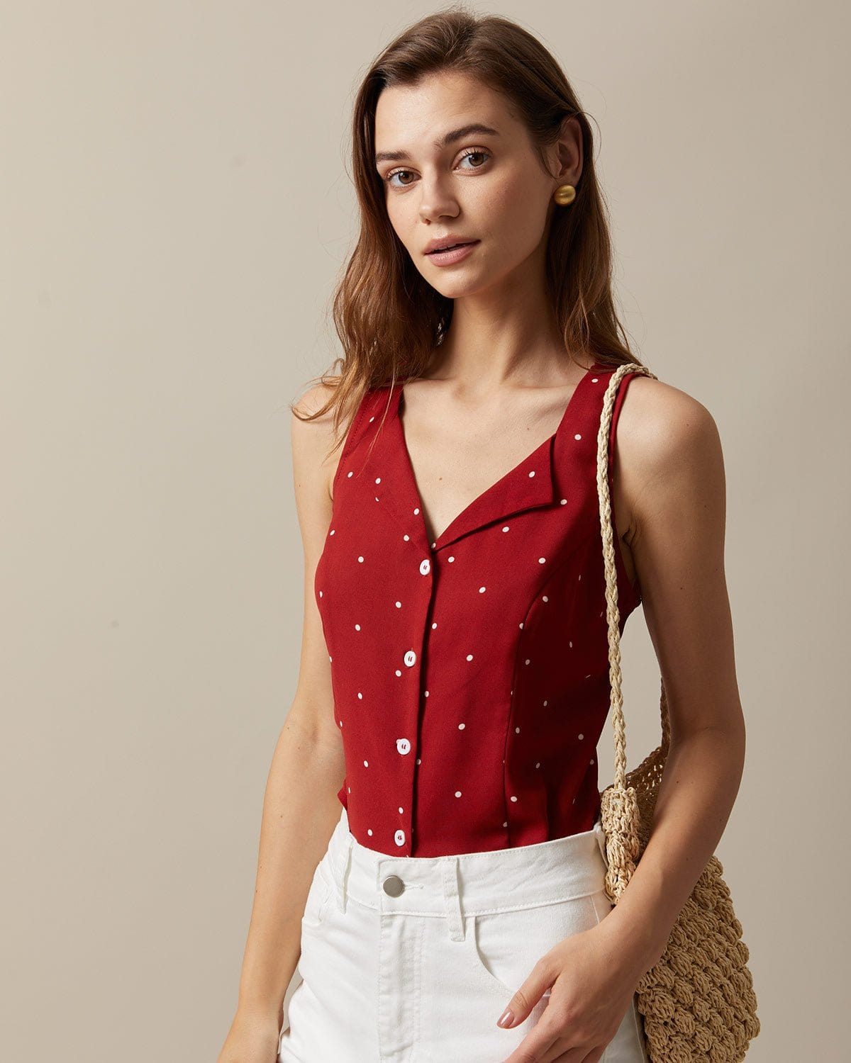 The Red V Neck Polka Dot Print Sleeveless Vest - Image 2