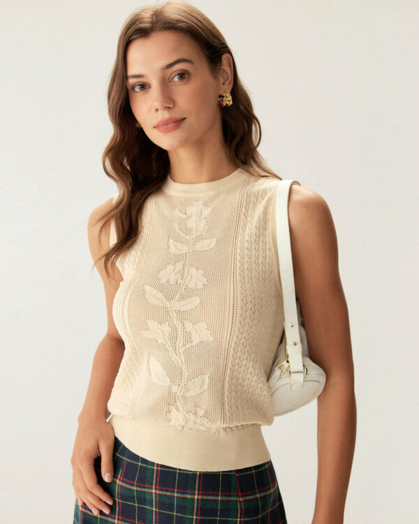 Beige Crew Neck Knit Tank Top - Image 3