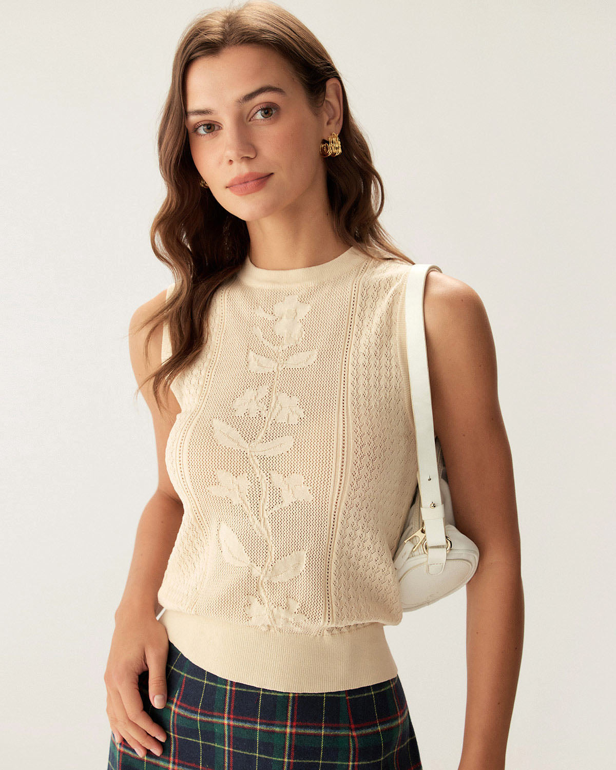 Beige Crew Neck Knit Tank Top - Image 3