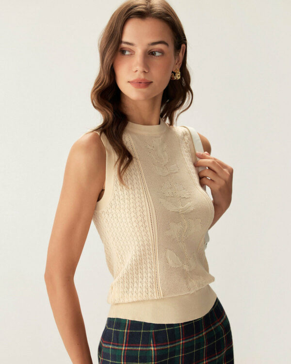 Beige Crew Neck Knit Tank Top - Image 2