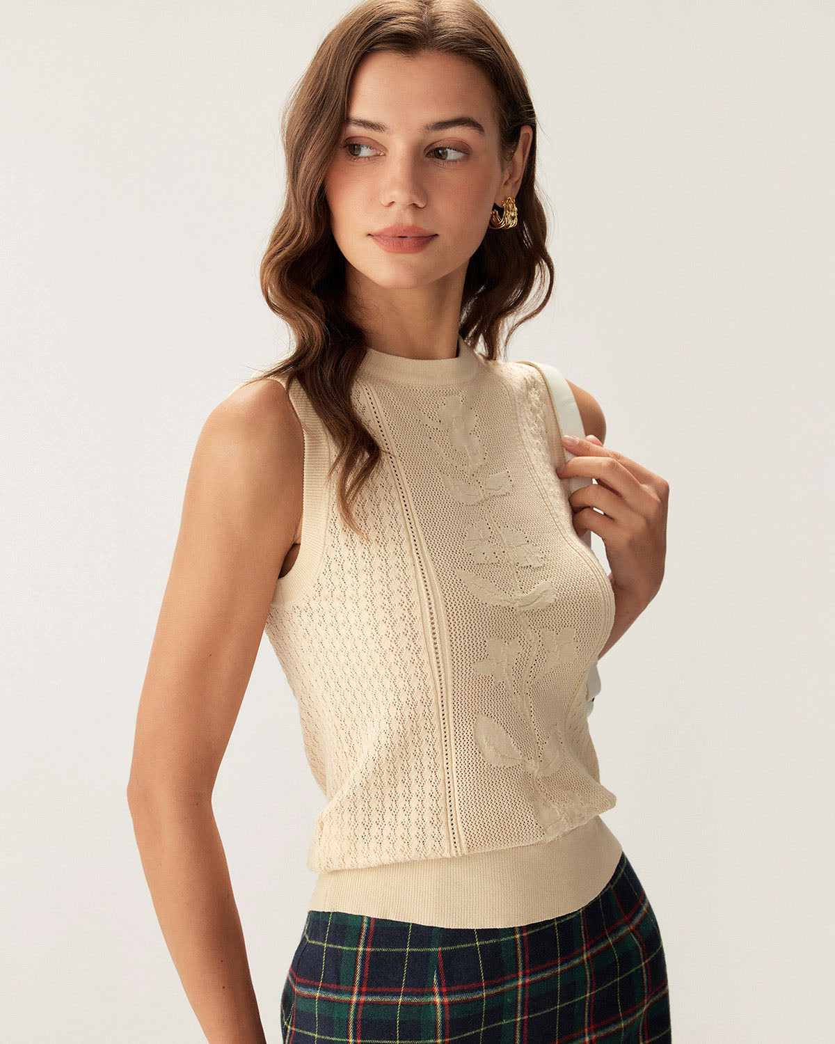 Beige Crew Neck Knit Tank Top - Image 2