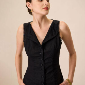 Women's Black Boat Neck Cotton Linen Vest