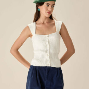 White Knit Button Tank