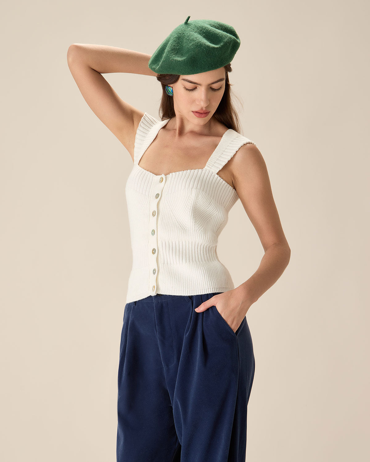 White Knit Button Tank - Image 3